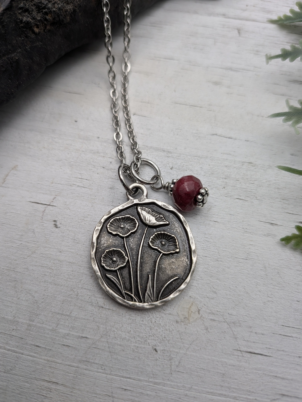 Poppy Flower Pendant Necklace With Red Quartz Bead